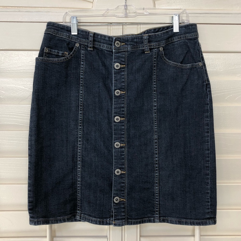 Chico’s Button-Down Stretch Denim Knee Skirt
